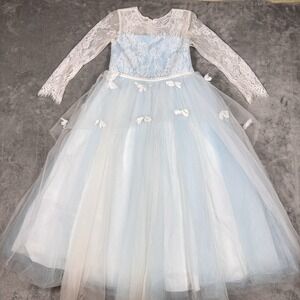 Girls Frozen Inspired Blue Lace Tulle Princess Dress‎ Size 8 9 Long Sleeve